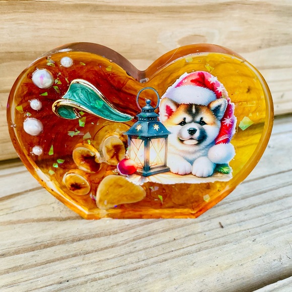 Handmade Other - Handmade Heart-Shaped Mixed Media Art with Santa Puppy